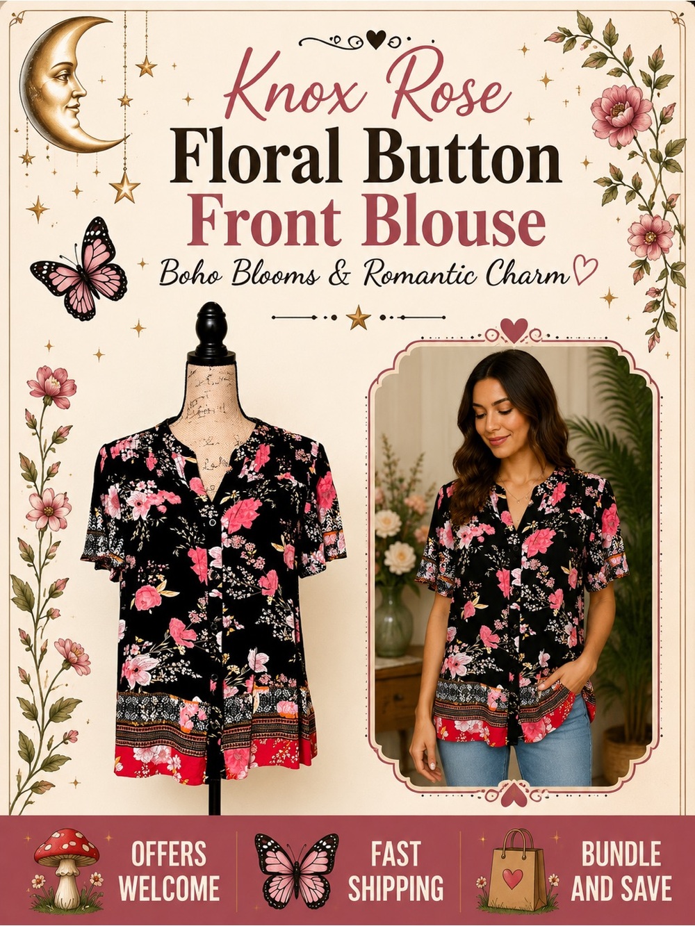 Knox Rose Floral Button Front Blouse Boho Cottagecore Top Black Pink Size Large